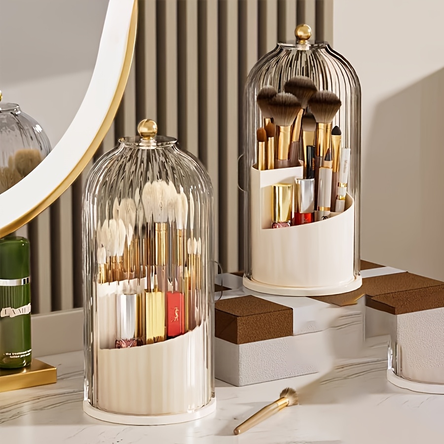 Beauty Makeup Vanity Set - ชุด 5 ชิ้น, ชั้นวางเก็บของกันฝุ่นแบบหมุนได้ 360 องศาพร้อมฝาปิดลายเส้นแนวตั้งแบบโปร่งใส,